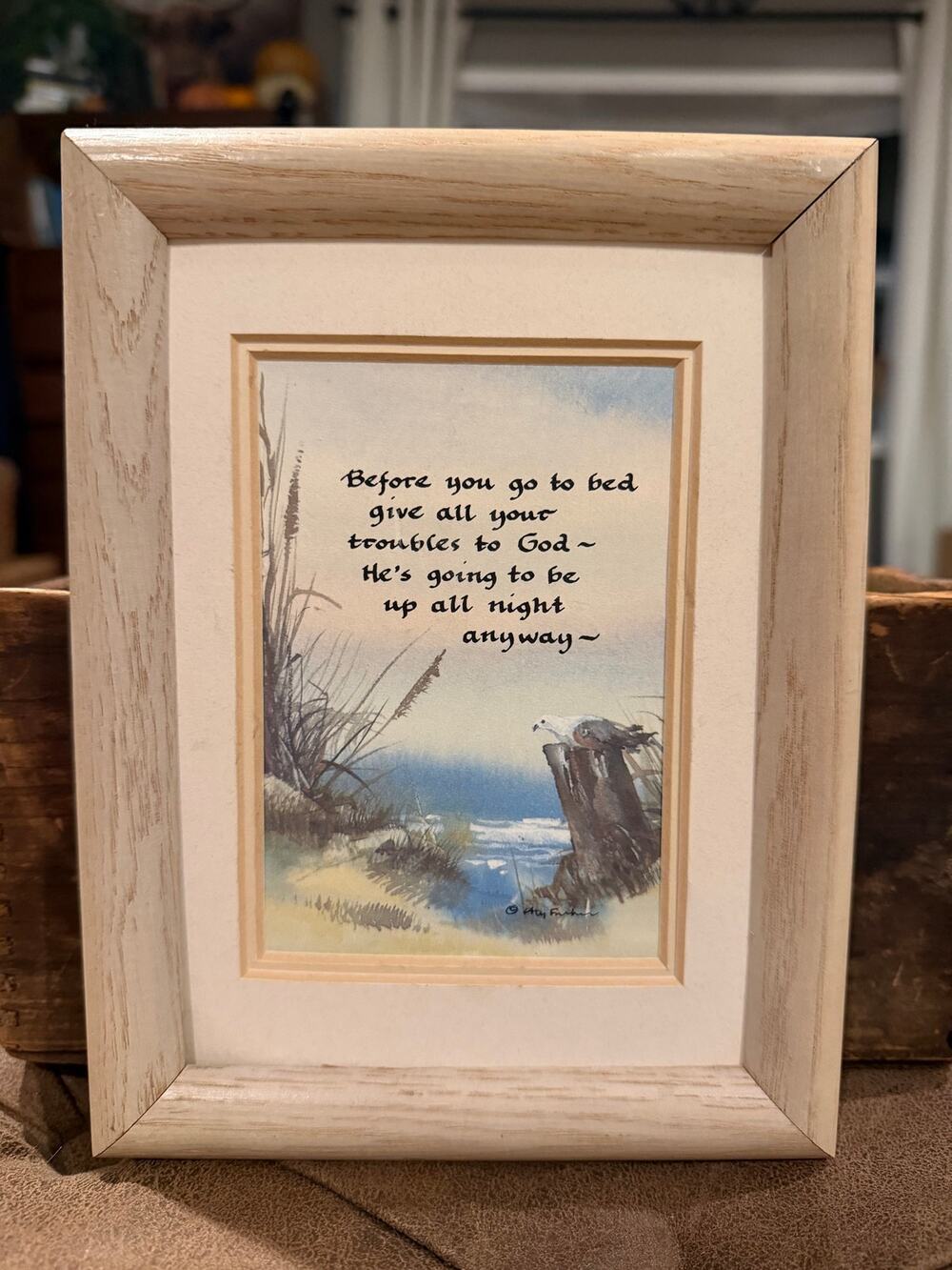 Vintage Framed Christian Quote Print Give Your Troubles to God Coastal Seagull